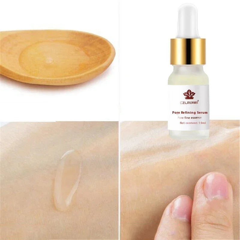 Pore refining serum dropper bottle with serum applied to skin and wooden dish