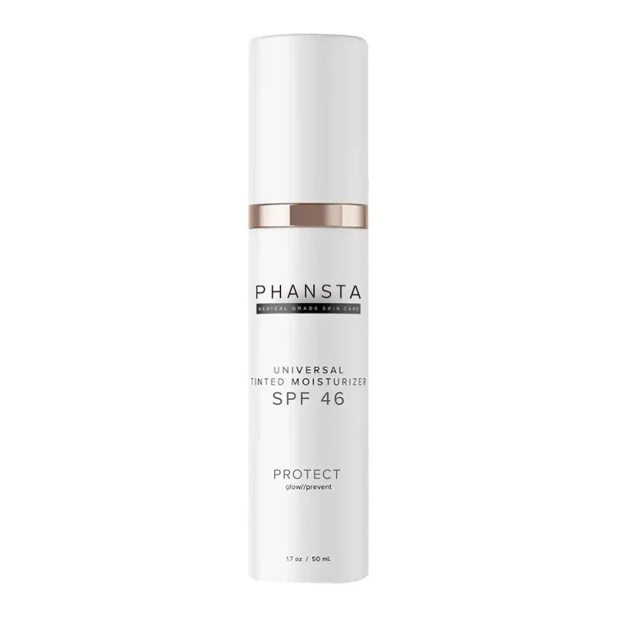 Phansta Universal Tinted Moisturizer SPF 46 in white bottle, skincare sunscreen