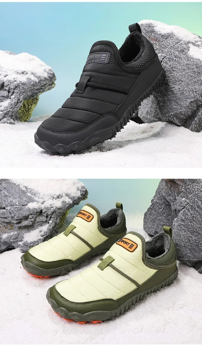 Winter slip-on sneakers in black and olive, outdoor snow background, fur-lined shoes