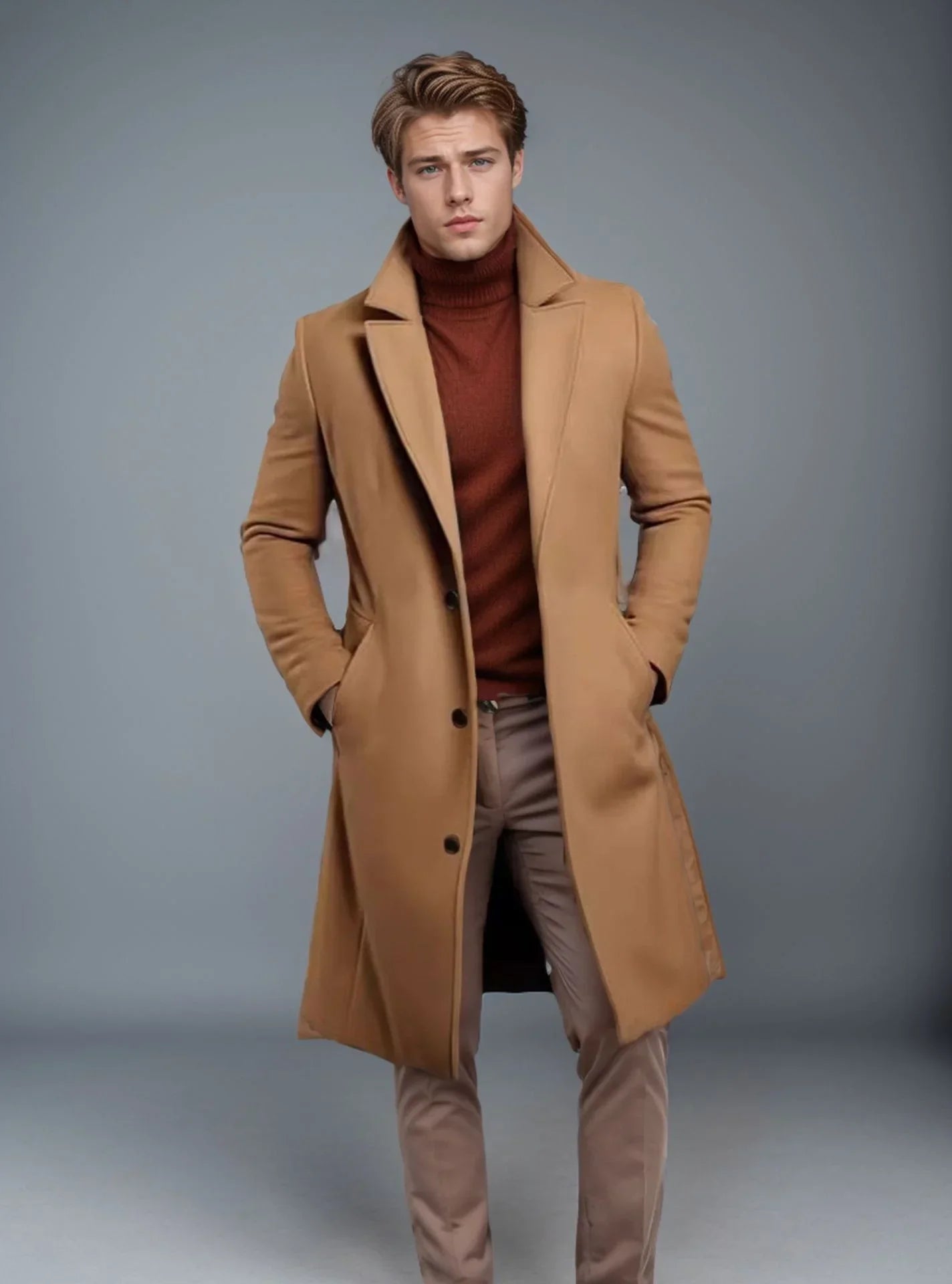 Man in camel overcoat, brown turtleneck, and beige pants posing against gray background