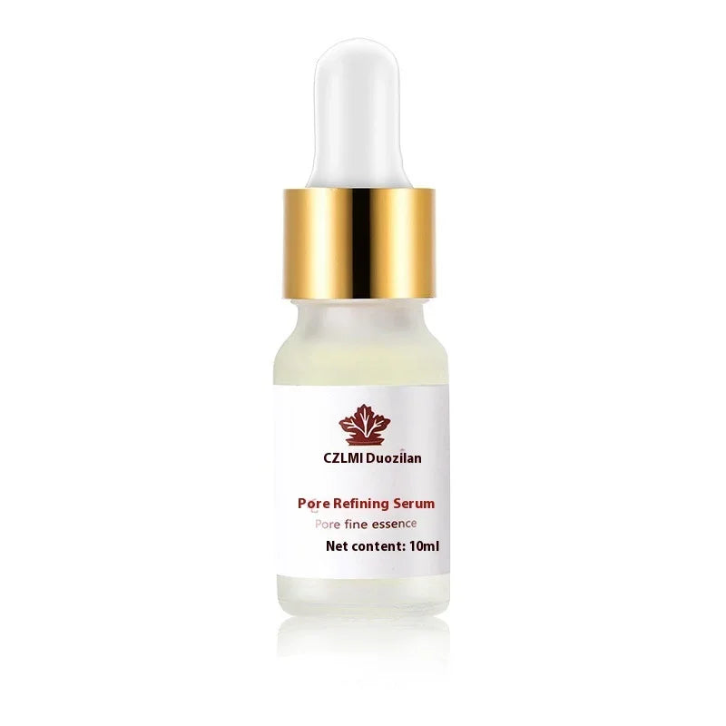 Pore refining serum in a 10ml glass dropper bottle with gold cap, skincare product