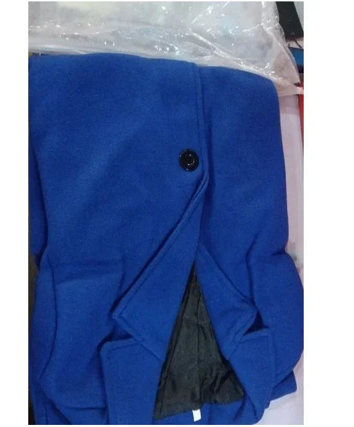 Folded blue wool coat with black inner lining and single button detail